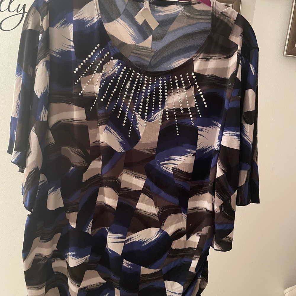 dressbarn Blue and Black Patterned Blouse with Rhinestones